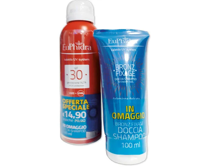SPRAY SOLARE CORPO INVISIBILE spf 30 – 150 ml + Omaggio Doccia Shampoo 100 ml – Euphidra