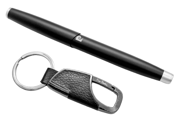 Penna a Sfera Pierre Cardin In Acciaio Nero Opaco Set Regalo + Portachiavi