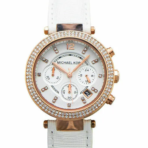 Orologio Donna Michael Kors Cronografo Cinturino Bianco Acciaio Gold Cristalli