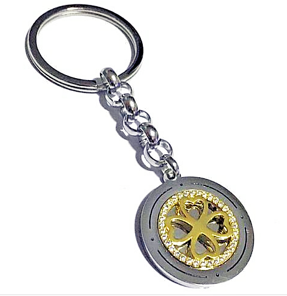 Portachiavi Donna Acciaio Quadrifoglio Gold Oro Giallo Zirconi Bianchi Incisione