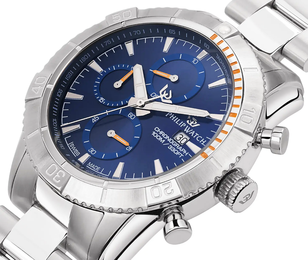 Orologio Svizzero Philip Watch Cronografo In Acciaio Cristallo Zaffiro 10 Atm