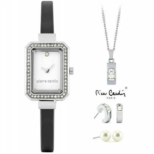 Set Orologio Donna Acciaio Pelle PIERRE CARDIN Collana 2 Paia di Orecchini Perle