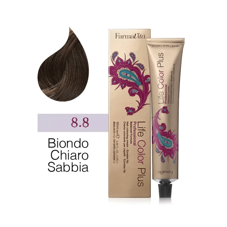 FarmaVita – Life Color Plus Professional – Crema Colorante per Capelli – 8.8 Biondo Chiaro Sabbia – 100 ml